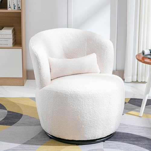 roomfitters Fauteuil pivotant en Peluche Teddy Blanc avec Coussin Lombaire - capacité de Charge 100 kg avec Base en métal pivotante