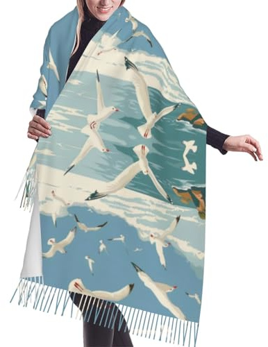 DRGFCXE Damen-Schal, Motiv: Möwe und der Leuchtturm, Kaschmir-Quaste, leicht, mit Fransen, Vintage-Schal, Herbst/Winter, Fransenschal, Schwarz , Einheitsgröße