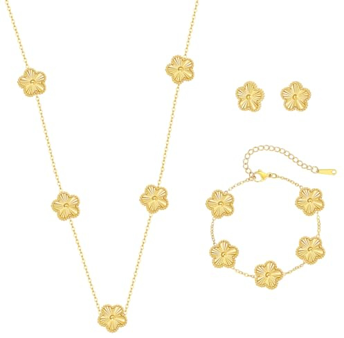 Myrnaist Kleeblatt-Schmuckset mit Blumendesign, vierblättriges Kleeblatt, Halskette für Frauen, Glücksklee-Armband, Ohrringe für Mädchen, 3-teilig, Kleeblatt-Schmuck im Blumenstil, Geschenk
