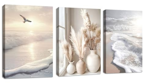 3Pcs Boho Beige Pampasgras Bilder Set, Modern Küstenlinie Landschaften Wandbilder mit Rahmen, Modern bild auf Leinwand Wandkunst Kunstdruck Deko für Wohnzimmer Schlafzimmer Küche Esszimmer 40x60cmx3