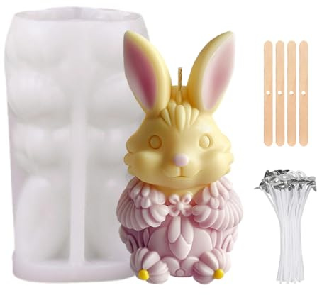 3D Osterhase Silikonform Kerzenhalter, Silikonform Ostern Silikonformen Gießformen Osterhasen Silikonform, Kaninchen Gießformen Silikon, Silikonform Candle Mold Kerzen Formen und Kerzendocht Set