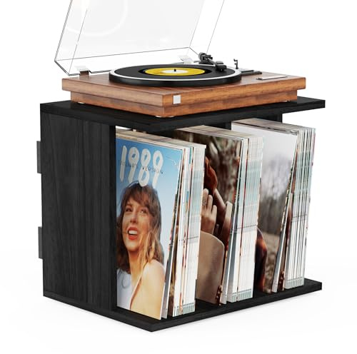 Emfogoo Soporte Vinilos, Madera Caja Vinilos, Montaje en Pared, Estilo Vintage Mueble para Vinilo con 3 Compartimentos, Tocadiscos de Vinilo Stand hasta 100 Álbumes, para Sala de Estar Oficina(Negro)
