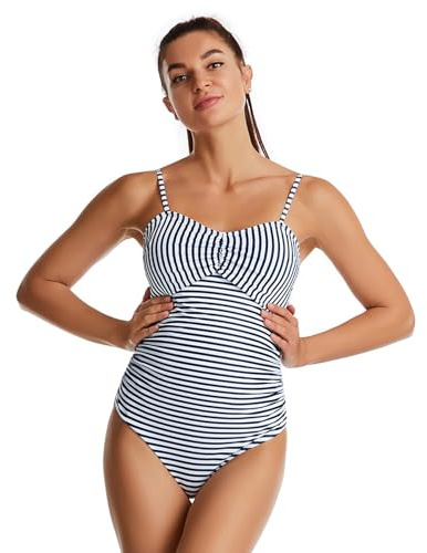 Maternity Swimwear One-Piece Maternity Swimming Costume Comfortable Stretchy Spaghetti Straps Pregnancy Bathing Suits Stripe Print Summer Beach Pregnancy Swimsuit Sky Blue