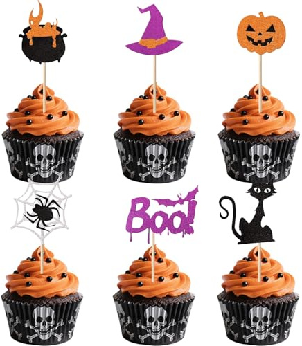 Gleevio Halloween Tortendeko, 24 Stück Kürbis Cupcake Topper Halloween Deko Kuchen, Glitzer Hexenhut Tortendeko Schwarze Katze Muffin Deko Horror Themed Party, Kürbis Kuchendeko Halloweenparty
