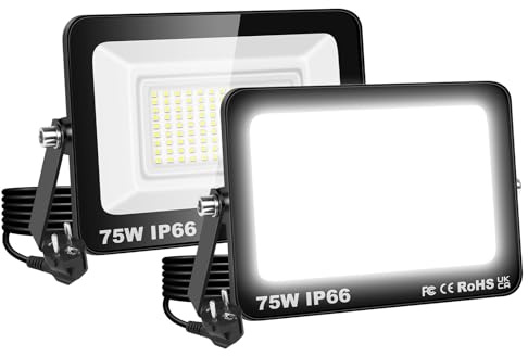 RIGIDON 2 st 75 W utomhus LED-spotlight, 7 500LM utomhus LED-spotlight med uttag, 6 000K kall vit utomhusbelysning IP66 vattentät säkerhetsljus för trädgård, uteplats, gård, garage, entré
