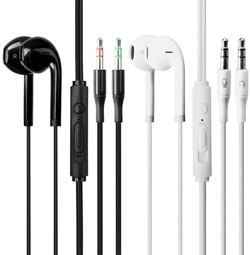 2 stycken hörlurar med kabel i örat, 3,5 mm uttagskontakt, in-ear hörlurar med mikrofon, kabelanslutna hörlurar för mobiltelefon, MP3-spelare, PC och stationära datorer, klart ljud