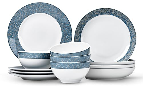 Minh Long 12-PCS Porcelain Dinnerware Set, Plates, Bowls, Service for 4, Chip & Scratch Resistant, Oven Safe up to 482°F, Non toxic, Lead & Cadmium Free, Stackable, Dishwasher & Microwave Safe