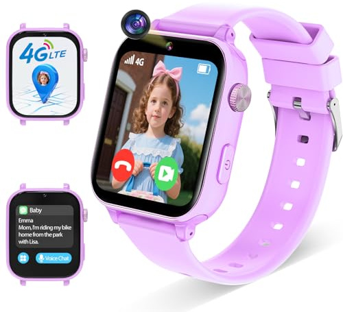 Alutoria 4G Montre Connectée Enfants avec GPS et Téléphone, Smartwatch pour Filles Garçons avec Vidéo/Voix Chat, Mode École, SOS, WiFi, Podomètre, Montre Intelligente Enfants de 5 à 12 Ans (Purple)