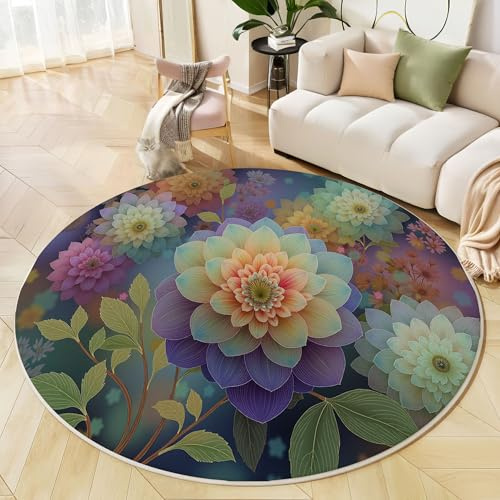 JEDTAKCT Grandi Tappeti Rotondo Tappeto Soggiorno In Dalia Hippie 60 Cm, Tappeto Camera Da Letto In Estetica Botanica Antiscivolo Sottile Lavabile Morbido Tappeti Da Bagno Viola Intenso