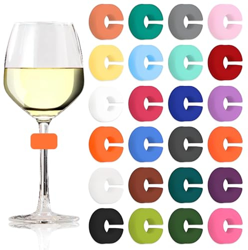 HUILATE Glasmarkierer Silikon 24 Stück C-förmiger Markierungsring Glas Markierung Trinkgläser Glasmarker für Weingläser,Sektgläser,Cocktailgläser,zur Kennzeichnung der Eigenen Tassen auf Party