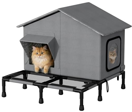 LitaiL Katzenhaus Outdoor, Wasserdicht Katzenhöhle mit abnehmbarem transparenten Vorhang, Faltbare warme Tierhütte leicht & platzsparend, für Katzen, Welpen und Kaninchen