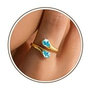 Lunvky Silver Birthstone Rings for Women Non Tarnish 14K Gold Plated Dainty Adjustable Thumb Ring Bling Gemstone Diamond Aquamarine Ring for Teen Girls Eternity Wedding Jewellery Birthday Gifts