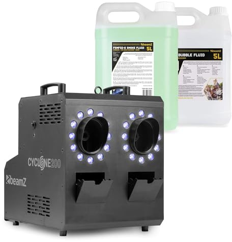 BeamZ Cyclone200 Seifenblasenmaschine mit Nebel & LED, inkl. 10L Flüssigkeit, Nebelmaschine mit 24 RGBW LEDs - Smoke Bubble Machine, DMX & Fernbedienung, Seifenblasen Maschine für Partys & Events