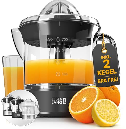 LEBENLANG Spremiagrumi elettrico - 2 Coni e senza BPA I Alta resa di succo I 700ml Spremi agrumi elettronico I Spremitore arance automatico Spremuta arancia I Sprema arancie piccolo silenzioso nero