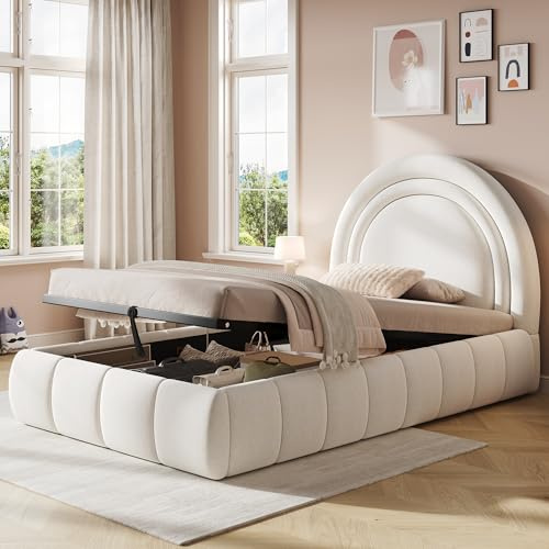 Mrwoo Polsterbett 90x200 cm mit Hydraulikfunktion und Großem Stauraum, Einzelbett mit Kopfteil, Kinderbett, Stauraumbett, Samt, Beige-A(Ohne Matratze)