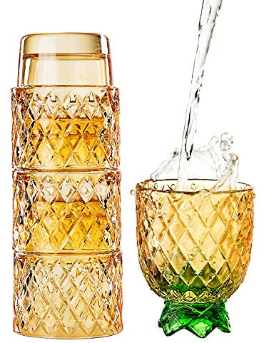 Diamond Star Stapelgläser Obst Set mit 4 Tassen mit 284 ml Birnen-Ananas-Motiven, bunt, stapelbar, Trinkglas-Set, Gelb mit grünen Blättern, Glaswaren für Trinkwasser, Bär