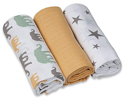 GRÜNSPECHT Mullwindeln 70x70cm aus 100% Baumwolle, Spucktücher, ohne optische Aufheller, hautfreundlich & saugstark, 3 Stück, gelb, Sterne, Elefanten (1500-V6)