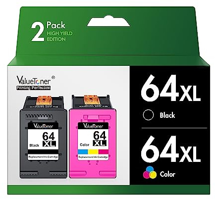 64XL Ink Cartridge Combo Pack for HP Ink 64 HP64 HP64xlblack and Color Combo Pack Works for HP Envy Inspire 7955e 7958e 7255e Photo 7155 7858 7155 7100 7800 7900 7855 6222 Tango (Black Color, 2Pack)