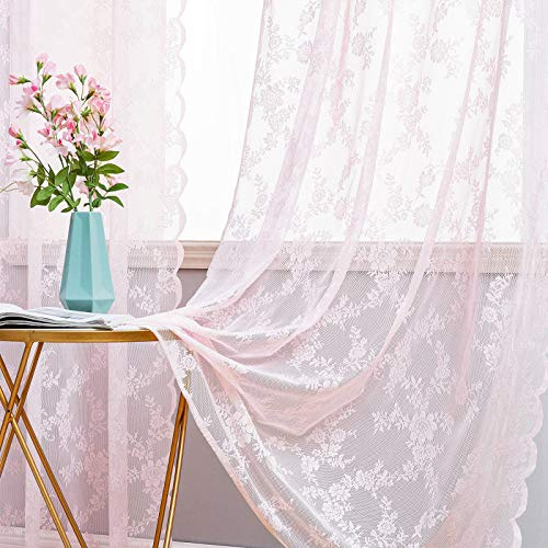 MIULEE Spitzenvorhang Blumenstickerei Ösen 2er Set B150 H225 Rosa | Spitzengardine mit Blumenstickerei und dekorativen Wellenkanten, luftig lichtdurchlässig, Deko für Wohnzimmer, Schlafzimmer