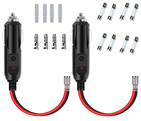 JZK 2 x encendedor de cigarrillos de coche macho con cables con indicador de luz y fusible de 15 A, cable de extensión de enchufe hembra para 12 V 24 V vehículo, motocicleta, coche, barco