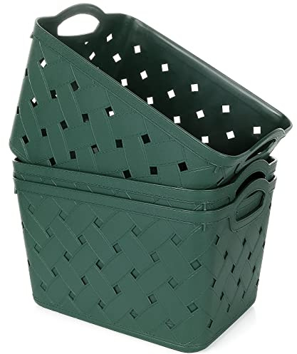 ASelected 3 Pack Plastic Woven Storage Basket With Handles, Large 31X22.5X21.5cm, Beautiful Fashionable, Skin Pattern Cross Woven, For Kitchen, Living Room, Office, Bathroom, Bedroom, (Green)