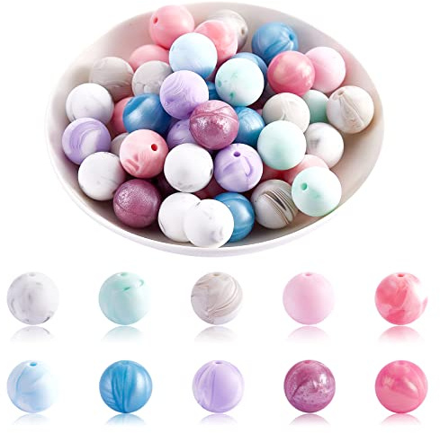 WEWAYSMILE 100pcs 15mm Perles Rondes en Silicone pour Bijoux Artisanat Collier Bracelet (10 Styles)