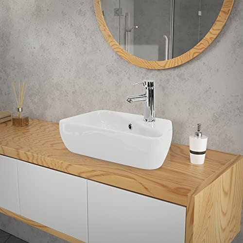ML-Design Lavabo ad Angolo d'Appoggio in Ceramica Bianco 450 x 270 x 130 mm Lavandino Angolare a Parete con Troppopieno Foro per Rubinetto Scarico Lavamani Design Moderno Lavello Bagno WC Ospiti