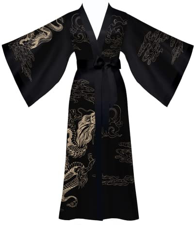 Yemmert Kimono Donna Lungo in Raso - Vestaglia Pigiama con Drago e Manica Lunga (Nero)