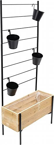 Dekoleidenschaft Pflanzkasten mit Rankgitter, Blumenkasten aus recyceltem Holz, Hochbeet mit Rankgerüst aus Metall + 4 Blumentöpfe zum Einhängen