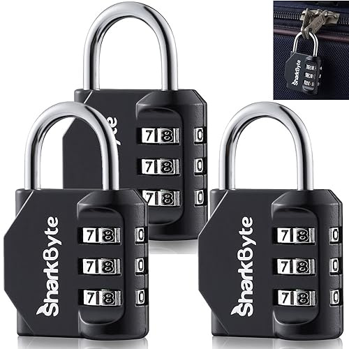 SharkByte Candado de combinación de seguridad para exteriores con 3 esferas, resistente a la intemperie, pequeño candado de viaje para maletas, maletas, bolsa de viaje, gimnasio, casilleros, candado