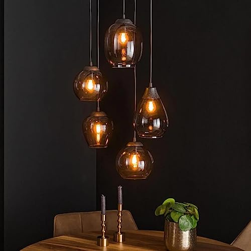 famlights | Pendelleuchte Orlando in Altsilber und Rauchglas E27 5-flammig