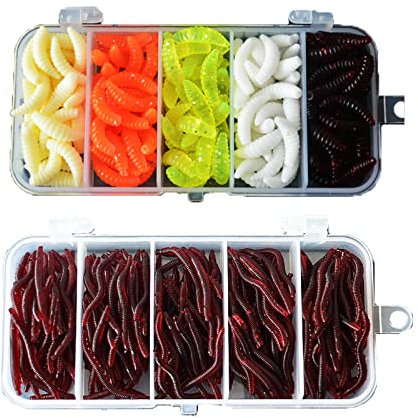 350 Stück Künstliche Köder Würmer Fisch, Angel Köder Box Set Weiche Kunststoffwürmer Künstlicher Regenwurm Künstlicher Wurm Forellenköder Gummi Set Für Angeln,150 Mehlwürmer+200 kleine Regenwürmer