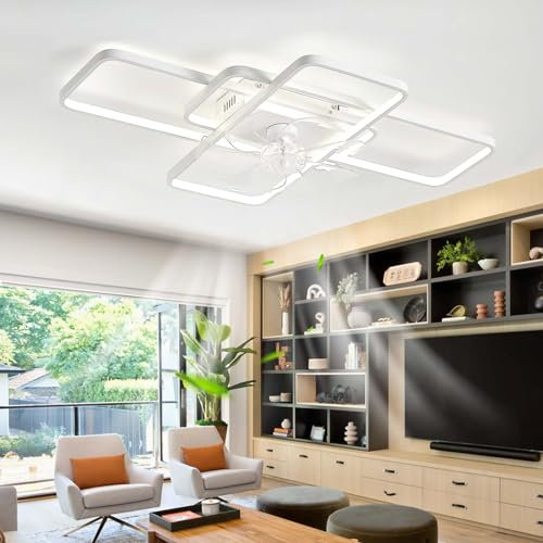 Caufloce LED Ceiling Fans with Lights and Remote Control Silent, Modern 7 Blade Reversible Dimmable Ceiling Light Fan Smart Bedroom Timer Flush Mount Light with Fan DC 6 Speed For Living Room