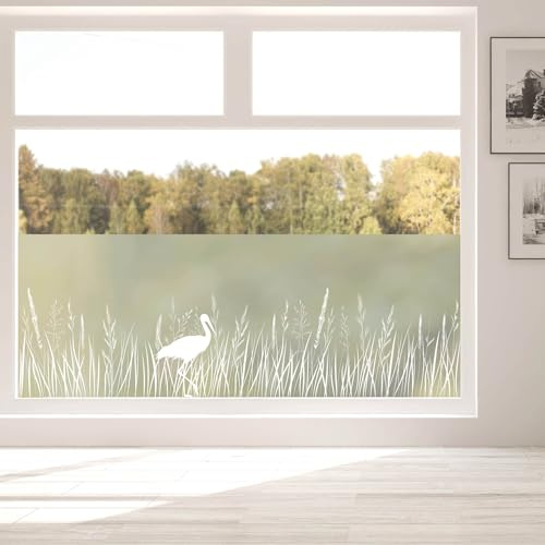 Wandtattoo Loft Sichtschutzfolie Fenster mit Storch auf Wiese Motiv, Fensterfolie Blickdicht, Milchglasfolie, Fensterdeko Selbstklebende Folie, Dekoration, Schutz Klebefolie