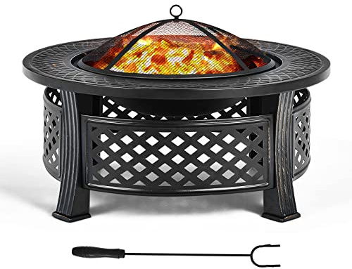 COSTWAY Feuerschale, Feuerstelle mit Grillrost, φ 81cm Feuerkorb mit Funkenschutz, Feuerschale für den Garten, inkl. Schürhaken, für für BBQ, Picknicks & Lagerfeuer