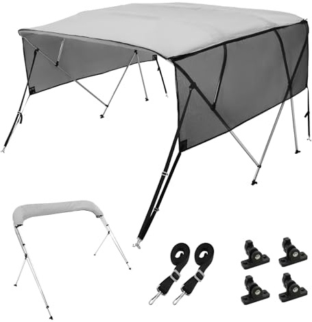 VEVOR 4 Bow Bimini Top Boat Cover, Detachable Mesh Sidewalls, 600D Polyester Canopy with 1 Aluminum Alloy Frame, Includes Storage Boot, 2 Support Poles, 2 Straps, 8'L x 54 H x 91-96 W, Light Grey