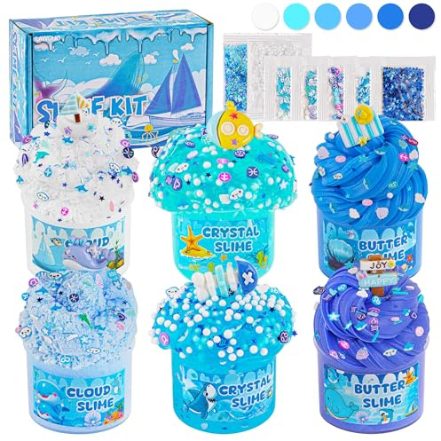 LAWOHO 6 Stück Farbverlauf Blau Slime Set enthält Fluffy Cloud Wolkenschleim, Clear Slime & Butter Schleim, Schleim Kinder Party Geschenk, Geburtstag Weihnachten Geschenk für Mädchen & Jungen(Ozeane)