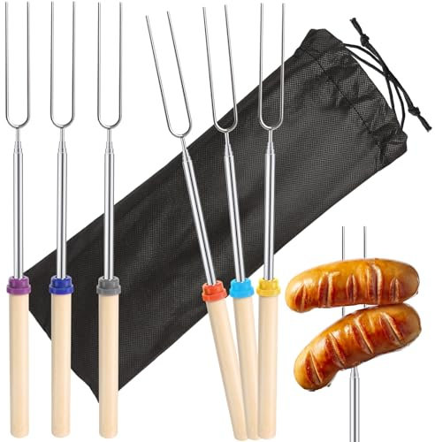 6 Stück Grillspieße Lagerfeuer Teleskop Marshmallow, Stockbrot Stöcke, Grillspieße Ausziehbar Edelstahl BBQ Stockbrot Spieße, Lagerfeuer Spieße Lang Roasting Sticks für Camping Grill,Gartenparty