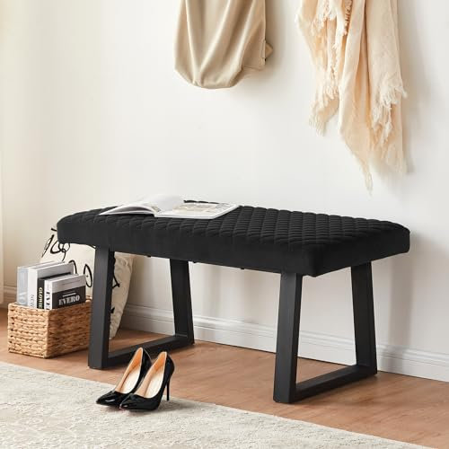 TUKAILAi Sitzbank Flur 100cm - Polsterbank Mit Samtbezug Und Metallbeinen - Bettbank Garderobenbank Küchenbank Für Wohnzimmer Schlafzimmer Esszimmer (Schwarz)