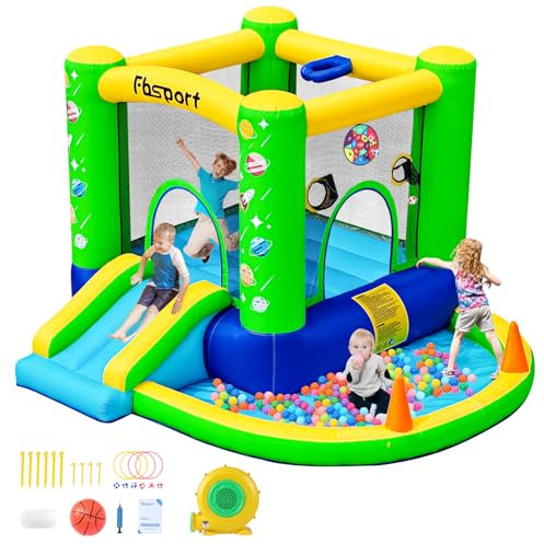 FBSPORT hüpfburg Outdoor mit gebläse hüpfburg mit Wasserrutsche Indoor, hüpfburgen Kinder 285 x 254 x 165 cm Kinder Bounce Castle mit Ball Pit Pool, Basketball Reifen, Dart Spiel, Grün