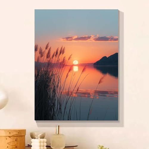 Landschaft Malen Nach Zahlen Erwachsene Bastelset, Paint by Numbers Sonnenuntergang Malen Nach Zahlen Anfänger, DIY Ölgemälde Leinwand Set mit 3 Set Pinsels und Farbe, Zimmer Deko 25x50cm, Geschenk