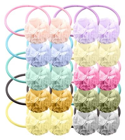 NIIIYTYB 20 x Pompon-Haargummis für Kinder, Mini-Blumenball-Haargummis für Kleinkinder und Mädchen, dehnbar, ohne Metall, mit Bommeln, bunte Pompons, Pferdeschwanz-Halter, niedliches Zubehör