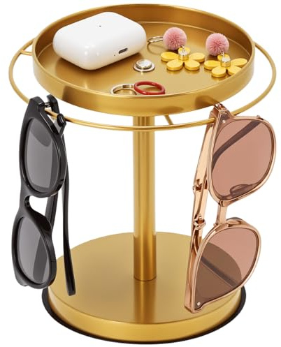 QWORK® Soporte giratorio para gafas con acabado dorado, organizador de almacenamiento de gafas de sol, con bandeja superior para relojes y joyas, regalo perfecto para todas las ocasiones