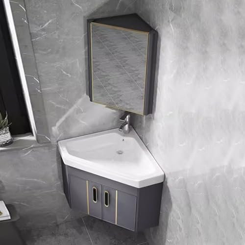 Mobile da bagno blu con lavabo e specchio, mobile angolare da parete con rubinetto caldo e freddo e scarico, vanità per bagno con contenitore portaoggetti