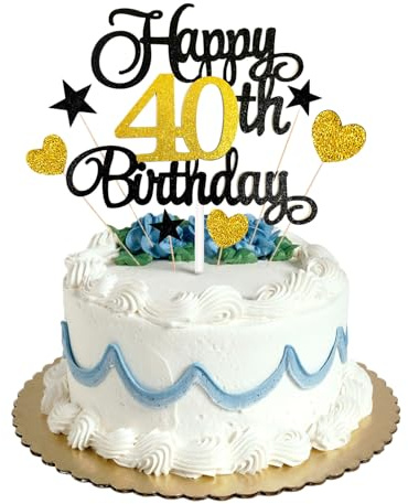 40th Happy Birthday Cake Topper Black Gold Glitter,Personalised Cake Toppers for Men Boys Women Girls Birthday Party Cake Decorations Kit with Star Heart Cupcake Topper