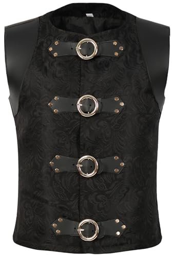 VPQILH Mens Medieval Steampunk Waistcoat UK Clearance, Paisley Floral Jacquard Vest Faux Leather Buckle Tank Tops Round Neck Waistcoats, Gothic Vintage Vests Slim Fit Coat Halloween Victorian Costume