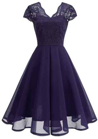 OMEWEE 1950er Vintage Retro Cocktailkleid Damen Elegant Knielang Rockabilly Kleider V-Ausschnitt Chiffon Kurzarm Spitzenkleid A-Line Swing Hochzeit festliches Kleid Kleid Abendkleid Lila L