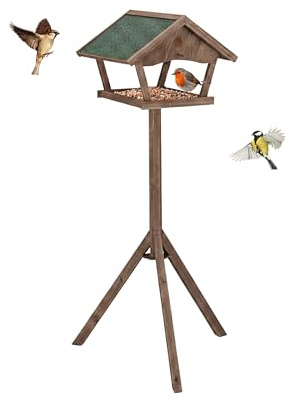 Relaxdays Fågelmatningshus med stativ, 137 cm högt, väderbeständigt tak, trädgård och balkong, fågelhus, gran, brun