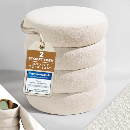 Blumtal Hocker mit Stauraum rund, Bouclé-Bezug - robuster Sitzhocker mit Stauraum & Bouclé-Stoff-Bezug 42 x 42 x 47 cm - kleiner Hocker Schminktisch - wunderschöner Bouclé-Look - Sitzhocker rund Creme