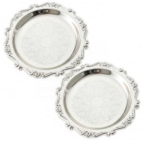 Monetais Silver Tray 2PCS 7.9 inch Metal Silver Platter Vintage Decorative Serving Platter for Snacks Fruit Dessert, Vintage Tray